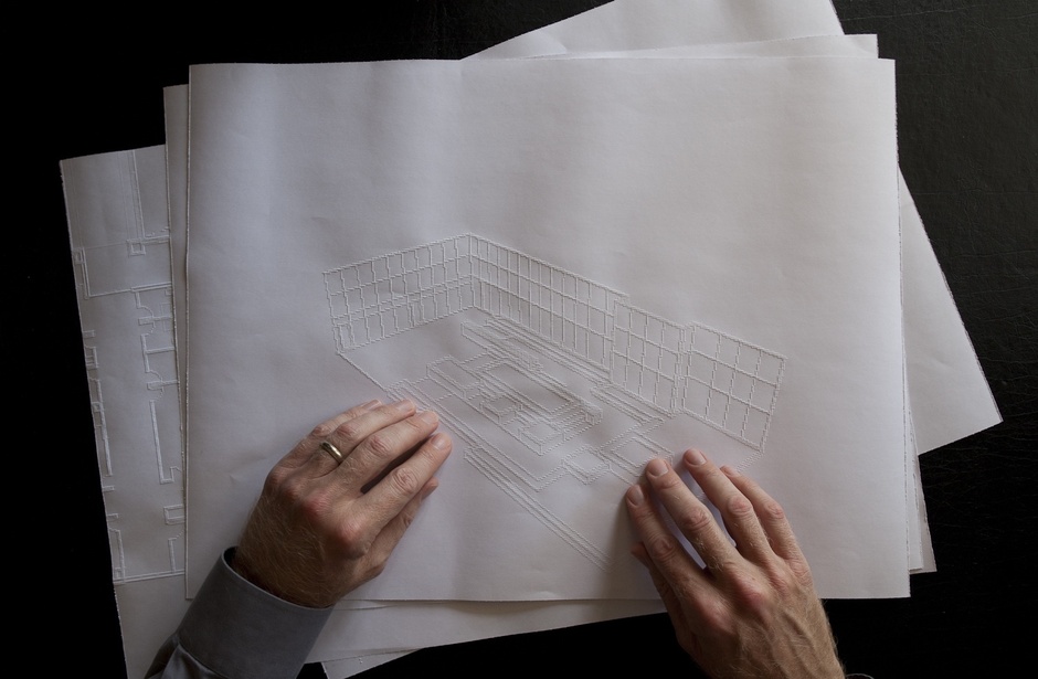 "I read tactile drawings in plan, elevation, section and—in very rare cases—in three-dimensional form," says Downey. "When exploring this drawing, an axonometric image of a courtyard at the VA Blind Rehabilitation Center in Palo Alto, Dr. Miele said to me that 'You must be the only blind dude in the world that can read this drawing,' which is merely a comment on my unique coincidence of extensive graphic training and my new blind experience. This drawing was fun to explore but not very useful." (Fogg Studio).