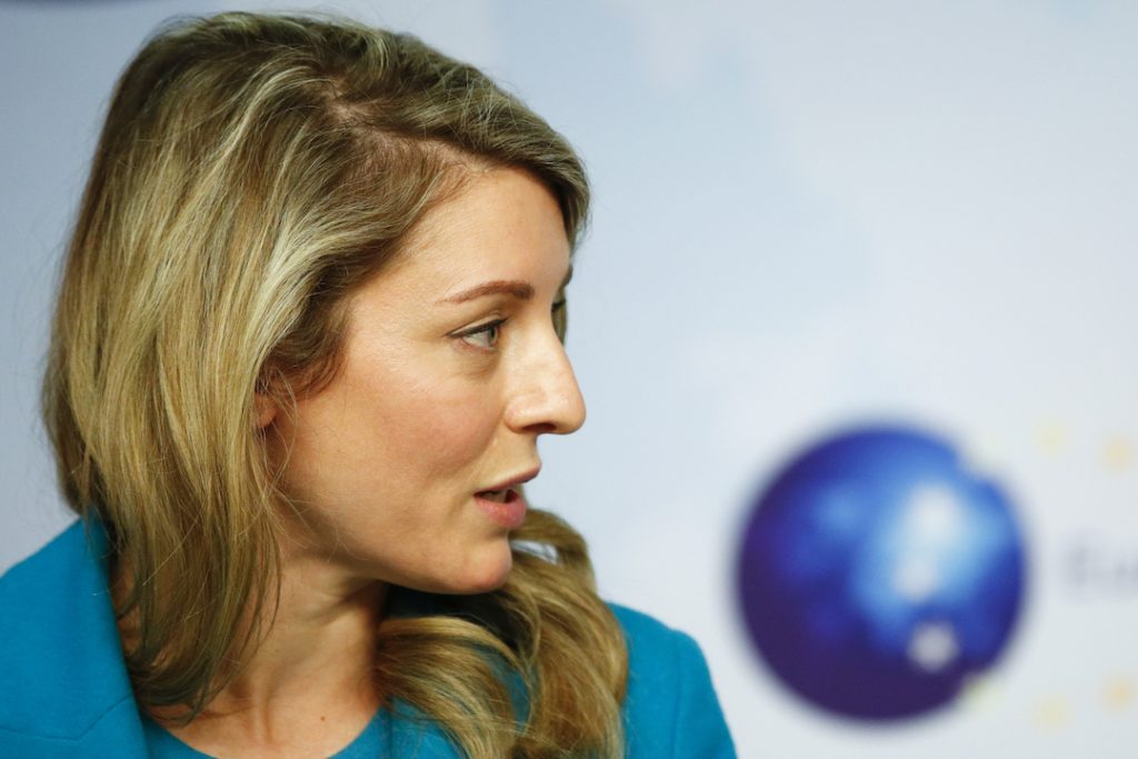 Canada's Foreign Minister Melanie Joly speaks during a media conference with European Union foreign policy chief Josep Borrell in Brussels, Thursday, Jan. 20, 2022. (Johannaa Geron, Pool Photo via AP)