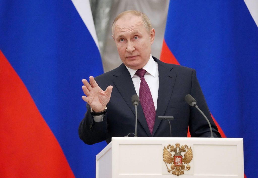 Russia’s President Putin speaks at a joint press conference with Germany’s Chancellor Scholz, 15 February | Kay Nietfeld/dpa/Alamy Live News