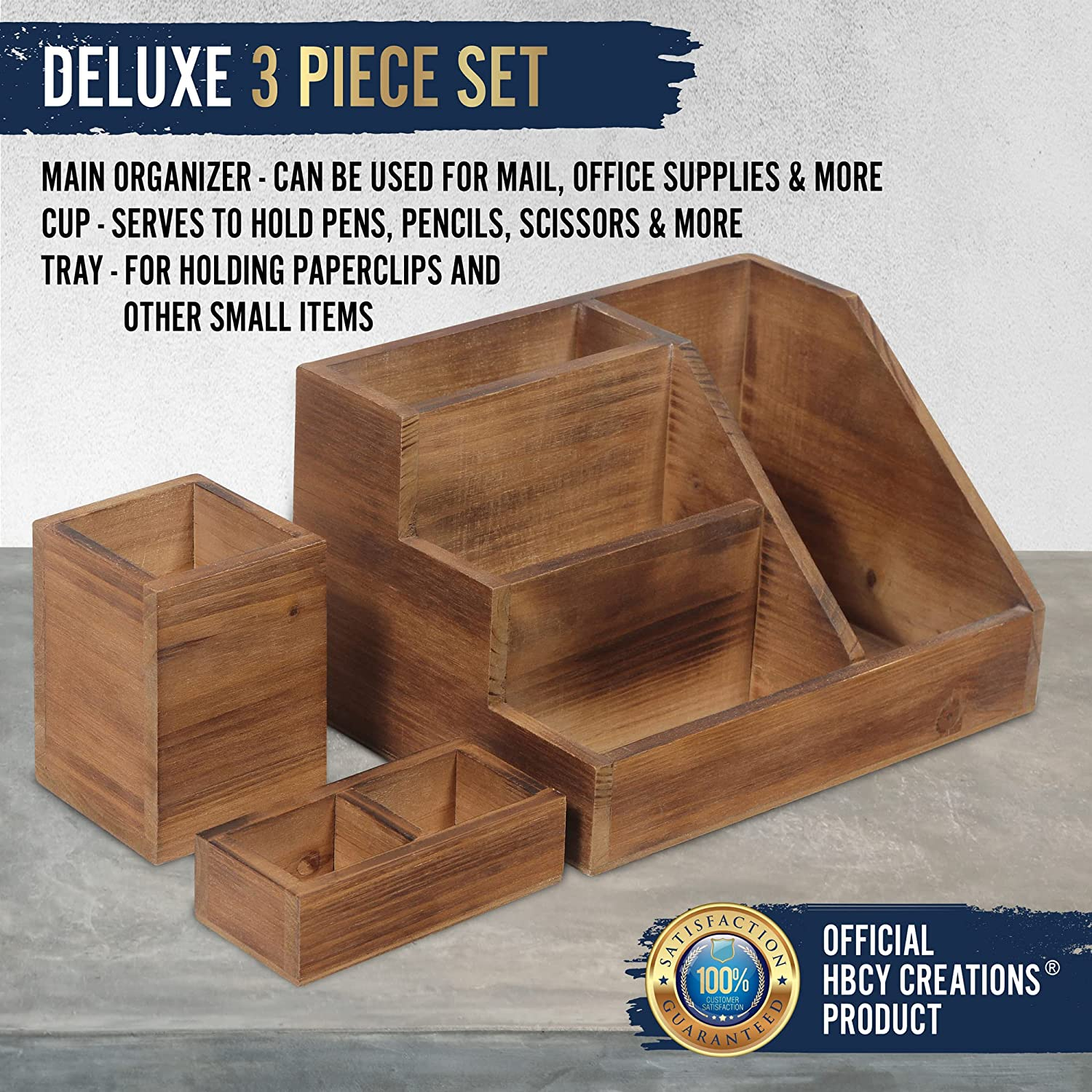 HBCY Creations 3-Piece Rustic Wooden Desk Organizer