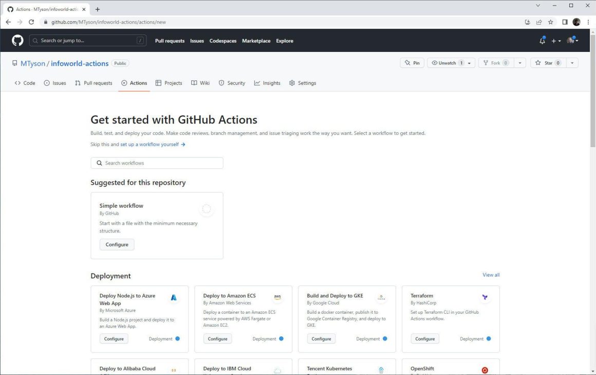 Figure 1. The GitHub Actions template gallery