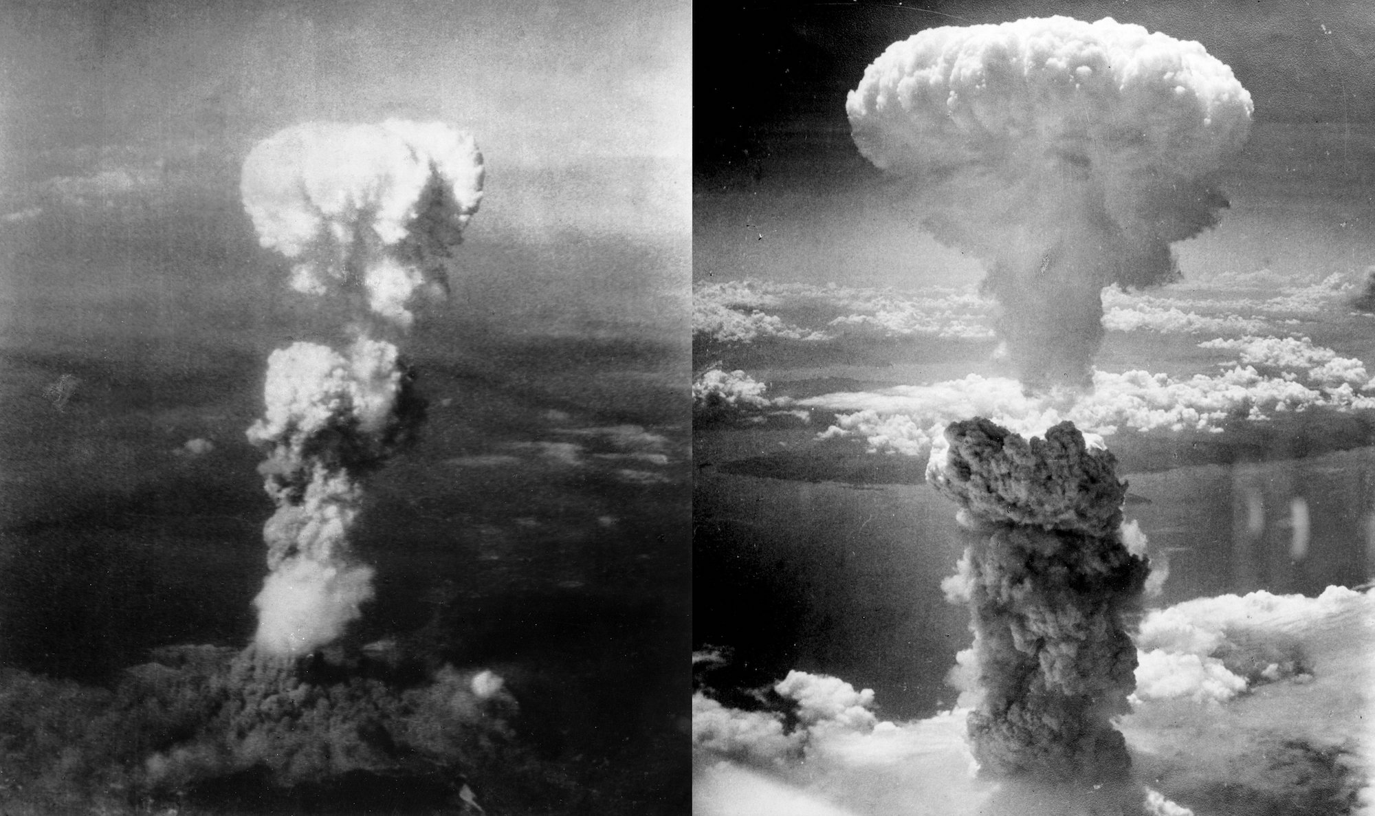 Atomic bomb mushroom clouds over Hiroshima (left) and Nagasaki (right)