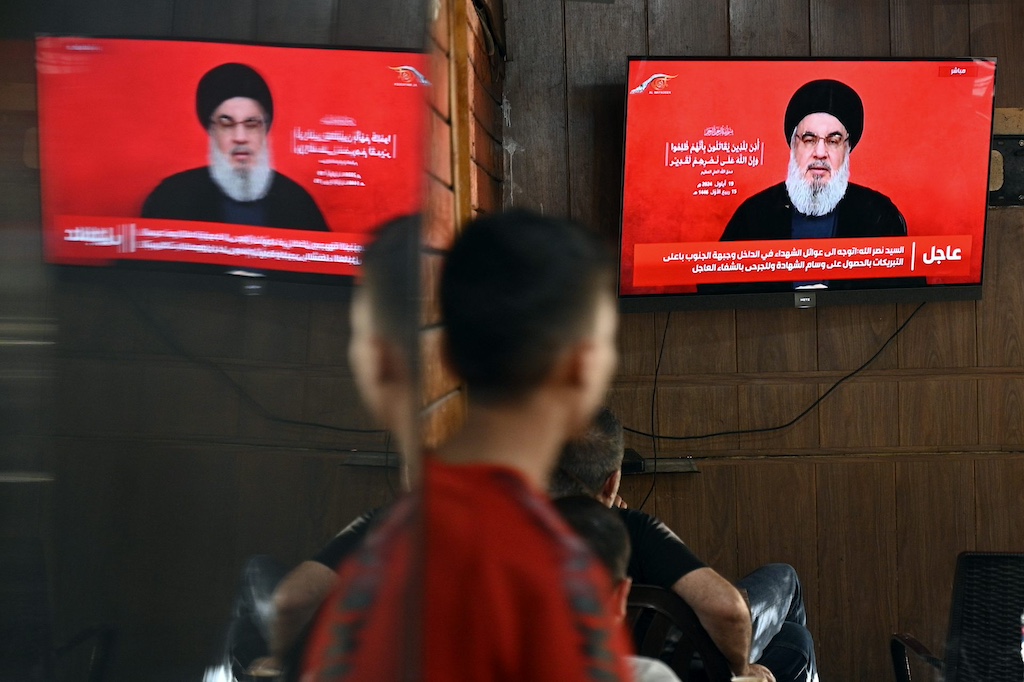 Hezbollah’s former leader, Hassan Nasrallah, delivering a televised speech on September 19, the day after thousands of Hezbollah pagers were detonated across Lebanon. EPA-EFE/Wael Hamzeh