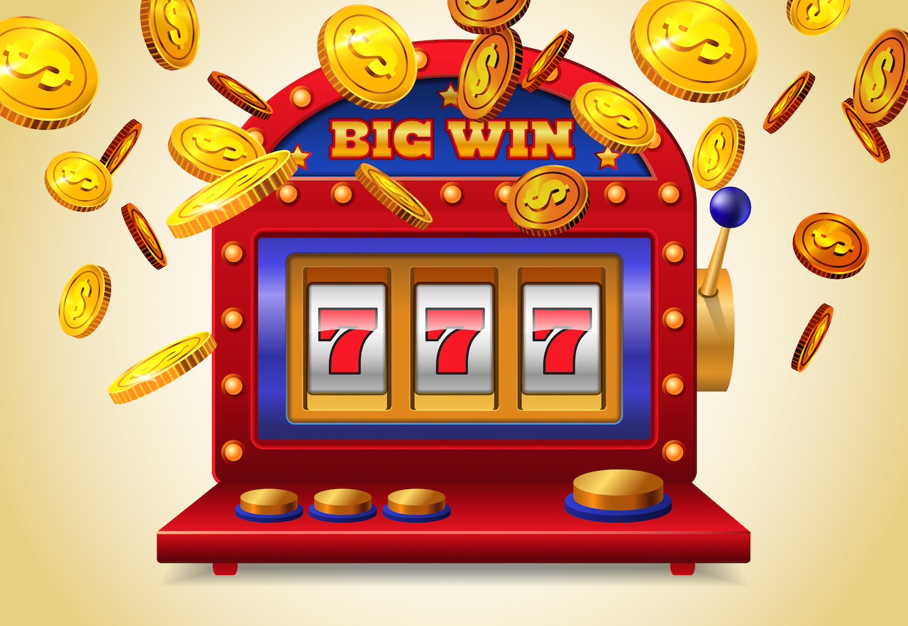 Slot machine with big win lettering and flying golden coins on yellow background. Casino business advertising design. For posters, banners, leaflets and brochures.
