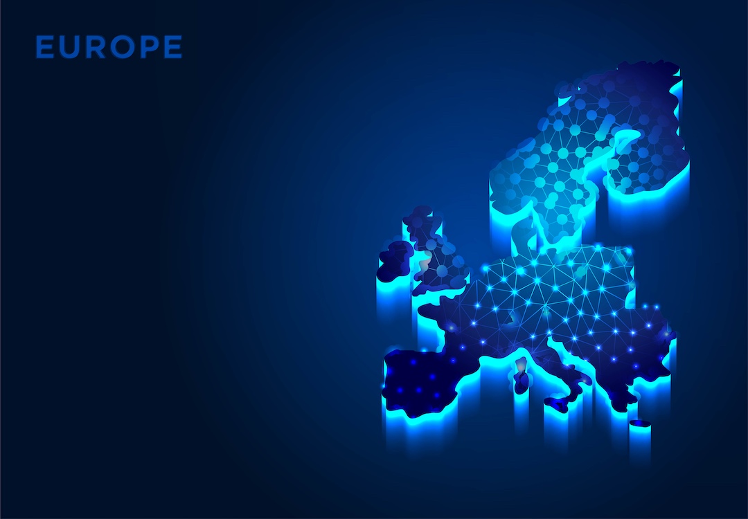 Europe Continent in Blue Silhouette, Abstract Low poly Designs, from line and dot wireframe, Vector Illustration